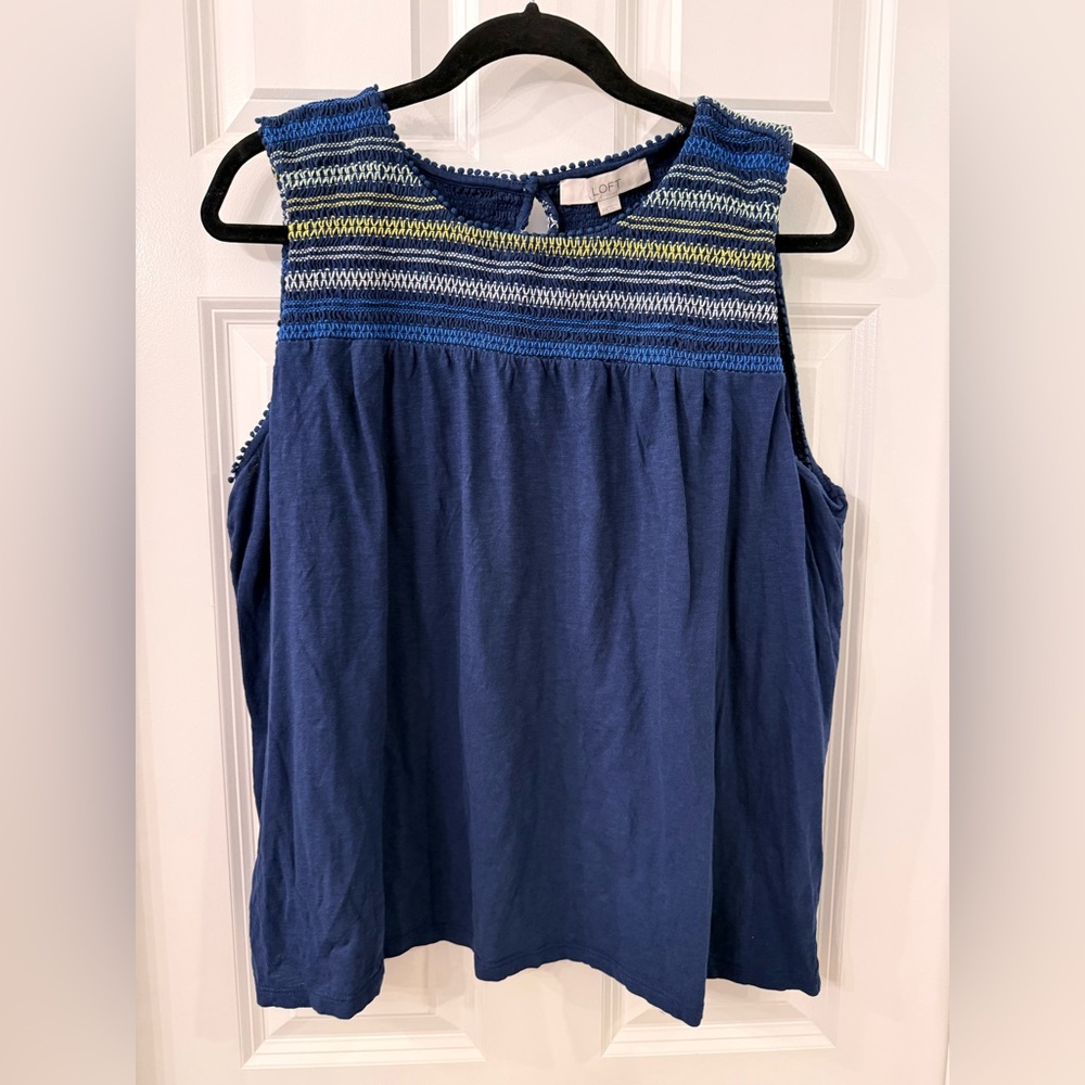 LOFT Navy Smocked Yoke Sleeveless Tank with Multicolor Stitching